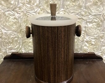 Vintage Ice Bucket Wood like Kitchen Decor Mid Century 60s Mod Handle