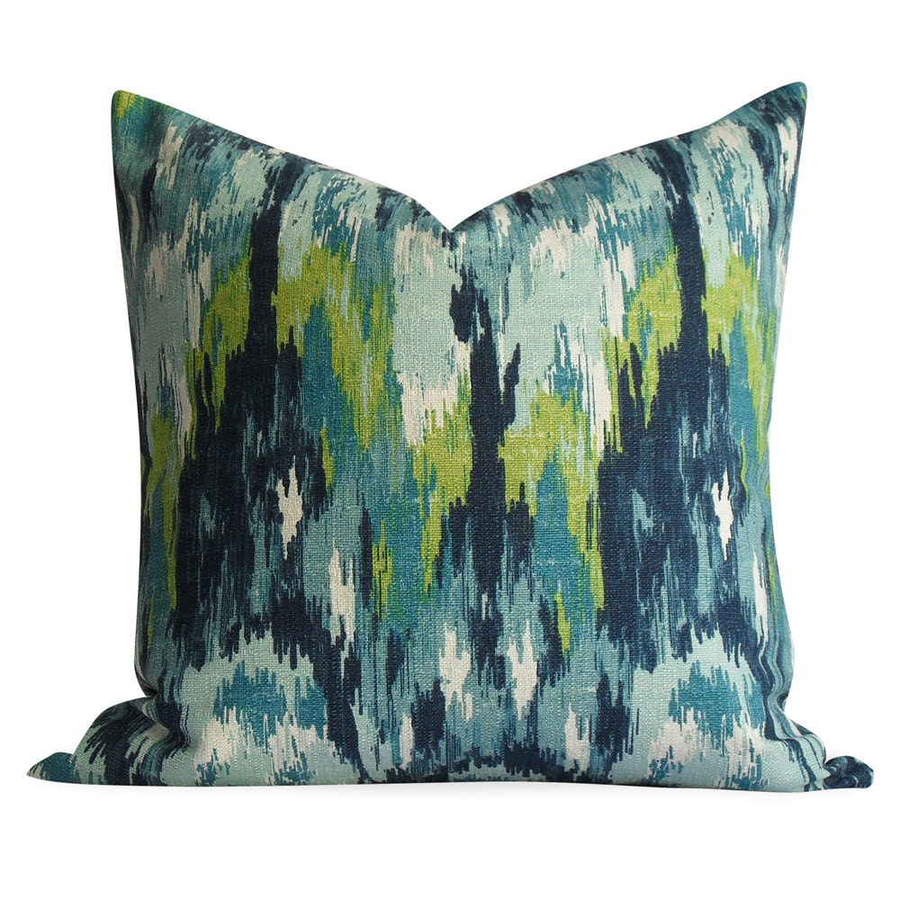 Ikat Pillow Cover in Teals Same Fabric BOTH Sides