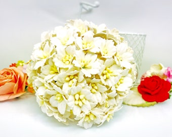 50 pcs. White Cherry Blossoms flowers mulberry paper for Crafts 2.5 cm. #151