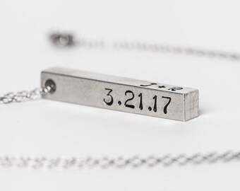 Custom 3D Bar Pendant Necklace - Pewter Stamped Pendant - Pewter Necklace - Custom Necklace - Coordinates Name Date Necklace