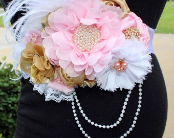 Baby Pink, White. Gold Flower Maternity Belt, Flower Sash, Pink, White and Gold Maternity Sash, Pregnancy Sash, Bridal Sash