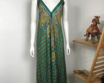 Vtg 70s indian gauze rayon dress v neck plunging boho hippie