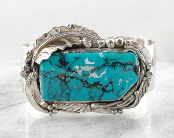 Handmade Botanical Themed Turquoise Cuff Bracelet, Large Statement Cuff KWUHEV-P