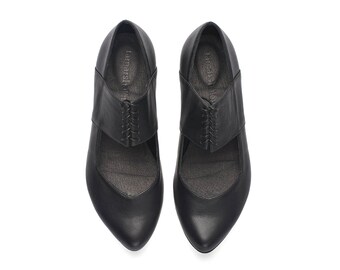 Black ballerina shoes, Vicky, Black leather flats