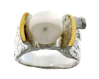 Silver and Gold ring, Pearl + Clear CZ / synth Blue Opal + Clear CZ Ring, Womens silver ring, Unique silver ring, handmade