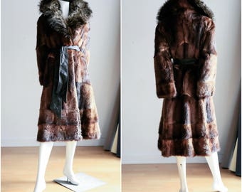 Belted Racoon Coat | Fur Trench Coat | Vintage Racoon Coat | Leather and Fur Coat | 70's fur coat | Patchwork Coat | Bohemian Coat |
