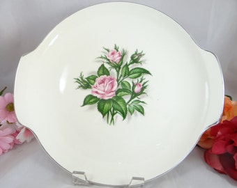 1950s Mid Century German Pink Rose Cake Two Handled Cake Plate or Serving Tray
