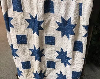 1930's LeMoyne Star Quilt Top including fabric from the 1800s off white, blue and red