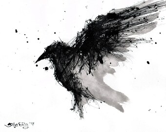 Crow painting - Ink on 8x12in canvas, A4, 21x30cm - abstract flying crow 2