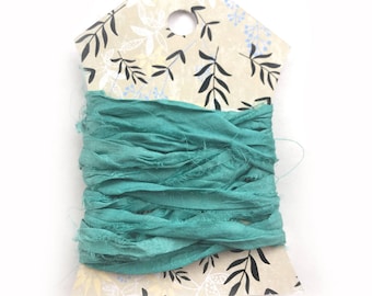 Silk Sari Ribbon, Turquoise Sari Ribbon, Reclaimed Silk Ribbon, Jewelry Ribbon, Craft Ribbon, Sari Ribbon, 2 Yards, Turquoise