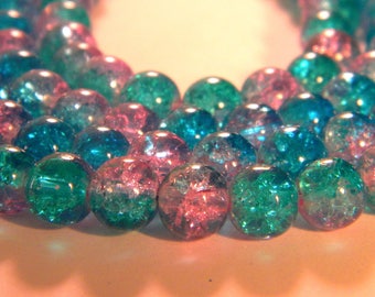 50 Crackle 2 tones-8 mm - blue glass beads and pink 6 PE235