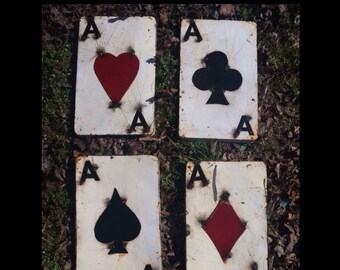 Recycled Metal 3D Art Aces - 4 Aces Card Set - 12”H Ace of Hearts, Club, Diamond and Spades Card Set - Porker 4 of A Kind Wall Decor Signs