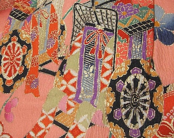 81: girl's kimono/rayon fabric/colorful/ume/ox carriage/pink/red/flower/handmade/material/white/gold