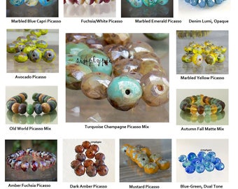 Donut Picasso Czech Beads, 8x6mm 12 Faceted Glass Rondelle Ur Pick Mustard Champagne Denim Fuchsia Capri Yellow Autumn Fall Old World