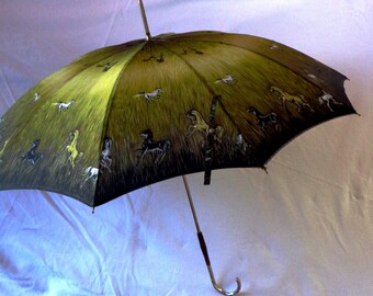Chic Mid Century Umbrella Parasol, Metal & Wood handle, France, Artistic Horses Pattern, NYLFRANCE FMF LYON