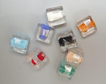 8 glass square beads multicolored 12 mm.