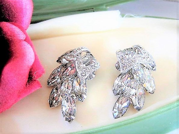 Eisenberg Earrings, Clear Rhinestones, Moon Shaped, Vintage 50's Earrings