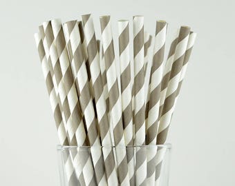 Grey Striped Paper Straws - Mason Jar Straws - Party Decor Supply - Cake Pop Sticks - Party Favor