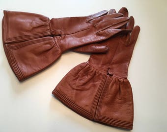 Vintage 1920s 1930s Leather Gauntlet Gloves 20s 30s Deco Gloves