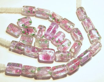DESTASH -- 29 Pale Lavender Lampwork Glass Tube Beads with Pink Rosebuds and Green Leaves -- Lot 3Q