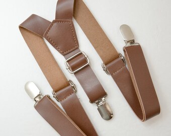 SHIP FAST Rustic Vintage Style Dark Brown 1 inch Wide Pu Faux Leather Suspenders Kids Boys Mens 8 months - ADULT Page Boy Groom Suspenders