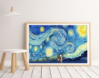 Calvin and Hobbes Print, Starry Night Print, Van Gogh, a Boy and his Tiger , Wall Art Decor, Pritn on Canvas ( NO framed )