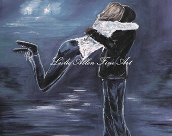 Couple Art Print Couples Romantic "Leap of Love" Hugging Love Romance Car Lights Evening Embracing Loving Couple Leslie Allen Fine Art