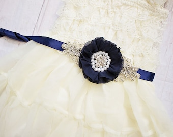 Flower Girl Sash, Rustic Sash/ Bridesmaid Sash, Navy Bridal Sash, Flower Sash, Maternity Sash, Bridal Belt