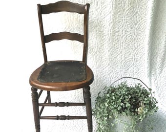 Vintage Wood and Leather Chair | Leather Bottom Wood Chair | Kitchen Chair | Farmhouse Chair | Spaulding Fibre Chair | Rustic Extra Seating