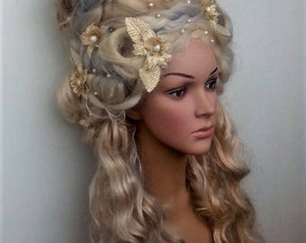 Blonde wig Marie-Antoinette wig Historical wig Rococo wig 18th century Decorated wig Styled wig with flowers Costume wig Cosplay headdress