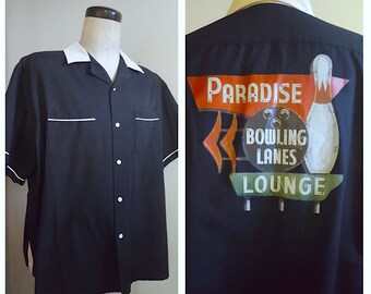Retro Bowling Style Shirt / Black and White Paradise Bowling Lanes Lounge Bowling Shirt / Size XXLarge