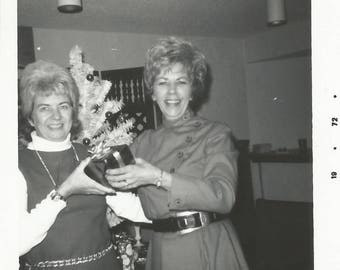 Vintage Snapshot "Not So Secret Santa" Gift Exchange Christmas Tree Office 1970's Found Vernacular Photo