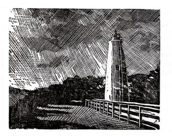 Black and white print of Ocracoke Island Lighthouse on the Outer Banks- North Carolina, USA