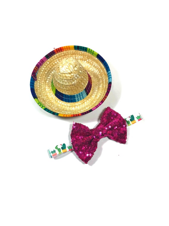 Sombrero + Bow Tie || Mini Sombrero || Dog Hat || Straw Hat || Mini Sombrero || Fiesta Party || Fiesta Hat