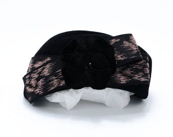 Vintage Black Pillbox Hat with Velvet Flower: 'Erika'