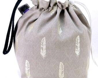 Sock Bag - Small Knitting Crochet Project Bag - Feathered