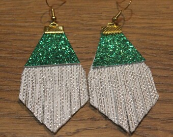 Holiday Titan Leather Earrings - Textured Silver and Green Glitter