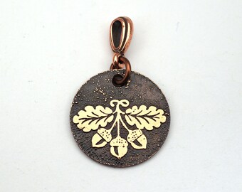 Copper acorns and leaves pendant, small round flat jewelry, optional necklace, 22mm