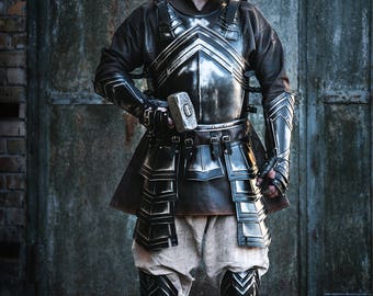ARMOR - Blackened Steel Dwarven Full Set - Full Kit: Cuirass-Chest-Back, Pair of Bracers, Pair of Leg Greaves handcrafted unique custom made