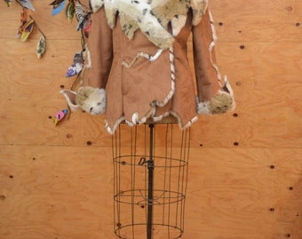 Vintage Faux Fur Suede Coat Tannish Taupe Brown With Faux Fur Snow Leopard Pattern Detail Cozy Winter Jacket SZ S/M