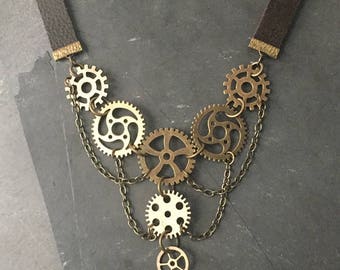 Steampunk Gears & Leather Necklace