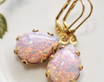 Vintage Pink Fire Opal Earrings,Teardrop,Vintage Brass Crown Setting,Glass Harlequin Opal,Pear Shaped,Heirloom,Opal Jewelry,Leverback,Estat