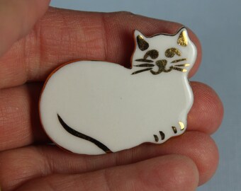 White Cat Brooch Handmade Porcelain Ceramic Jewelry