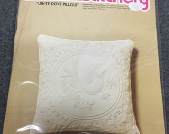 Vintage 1978 Sunset Stitchery White Dove Pillow Cotton with Wool Yarn Crewel Embroiderery Kit 16" x 16" Beautiful