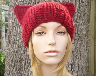 Knit Hat Womens Hat - Cat Beanie Hat in Cranberry Red Knit Hat - Red Hat Red Cat Hat Red Beanie Red Cat Beanie Womens Accessories Winter Hat