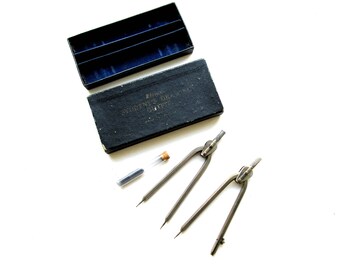 Antique Drawing Compass Set with Original Box & Glass Pencil Lead Canister