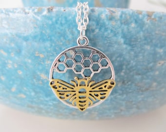 Bee necklace, honeycomb necklace