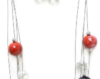 Glossy AB Coated Porcelain & Crystal Beads Layered Necklace and Earrings Set_2 Colors for your option