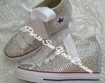 SWAROVSKI CRYSTAL CONVERSE Chuck Taylor Lux Wedge Mid Wedding Converse - Wedding Chucks- Pearl Wedding Shoes - Swarovski Bat Mitzvah Shoes