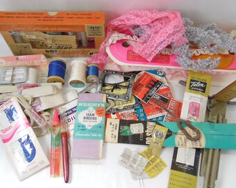 Vintage Lot Of Sewing Notions, Skirt Marker, Zippers, Snaps, Seam Binding, Elastic, Needles, Bakelite Pattern Tracer, Lace, Vintage Craft